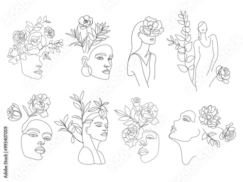 Vector set of woman face art, continuous line feminine illustrations with flowers. Beauty girl portrait sketches, linear hand drawn silhouettes.