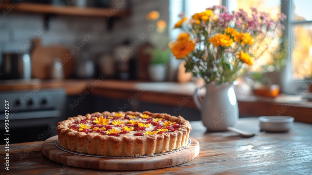 Naklejka premium a cozy kitchen scene, pumpkin pie cooling on the counter, fresh flowers in a vase,