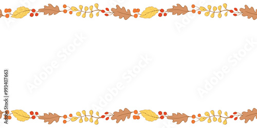 Vector background, frame made of colorful autumn leaves, berries on edges. Horizontal top and bottom edging, border, decoration for seasonal design, thanksgiving theme and happy fall