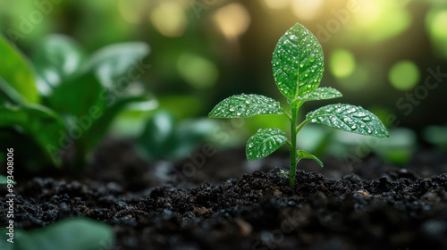 A small green sapling with dewdrops on its leaves grows from dark, fertile soil surrounded by lush greenery under gentle sunlight