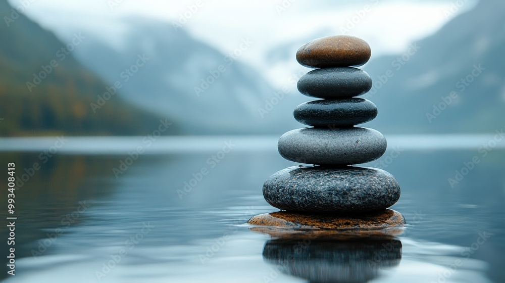 Balanced stones on serene lakeside with misty mountain background Balanced stones on serene lakeside with misty mountain background