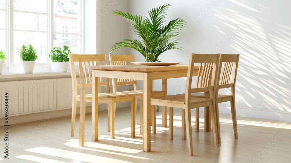 Modern Wooden Dining Table with Chairs and Plants Modern Wooden Dining Table with Chairs and Plants