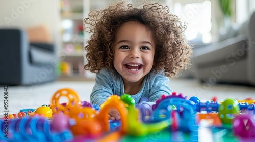 A smiling toddler with curly hair playing with colorful toys