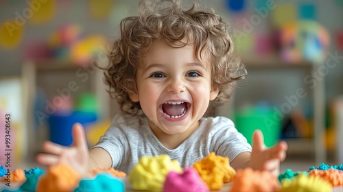 Happy toddler playing with colorful playdough