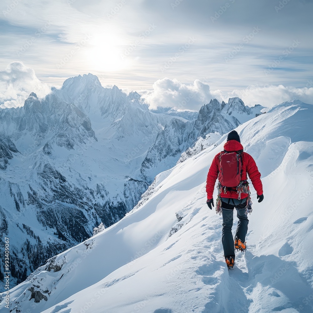 Climber in red jacket trekking through the snowy Alps under bright sunlight Climber in red jacket trekking through the snowy Alps under bright sunlight