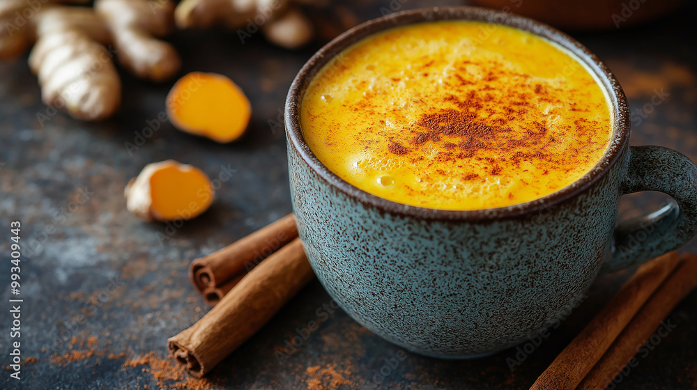 A cup of golden turmeric latte with frothed milk, cinnamon powder sprinkled on top, and turmeric roots and cinnamon sticks beside it A cup of golden turmeric latte with frothed milk, cinnamon powder sprinkled on top, and turmeric roots and cinnamon sticks beside it