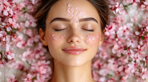 A woman lies peacefully with her eyes closed, adorned with blossoms and a skincare treatment, amidst a bed of delicate pink flowers