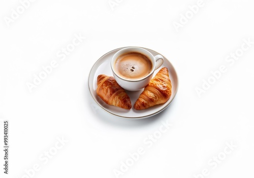 A white saucer with a cup of coffee and two croissants.