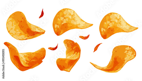 Spicy potato chips flying with red paprika, isolated on white background, vector illustration, crunchy snack design, flavorful potato crisps, bold paprika flavor