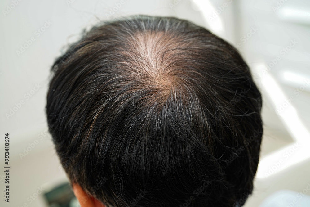 Bald head in man, hair loss treatment health problem. Bald head in man, hair loss treatment health problem.