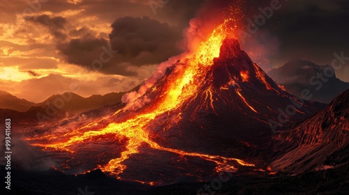 A fiery volcanic eruption illuminates the dark sky with molten lava flowing down the mountainside.