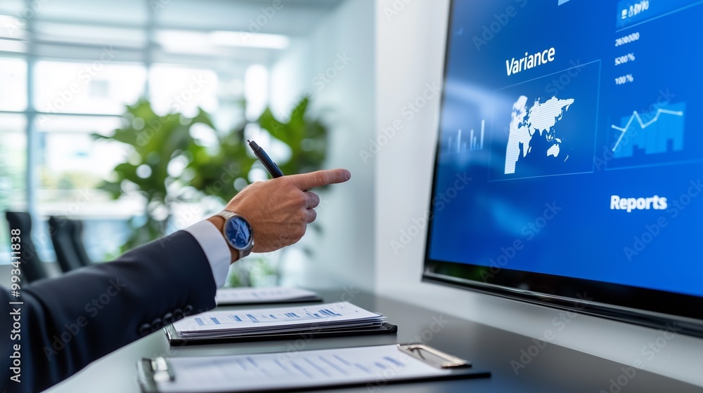 A business professional presents data on a screen in a modern office, highlighting reports and performance metrics. A business professional presents data on a screen in a modern office, highlighting reports and performance metrics.