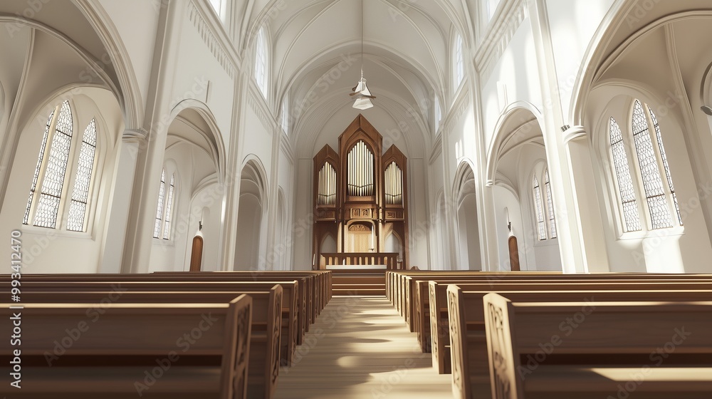 A serene interior view of a church with wooden pews and an elegant altar, showcasing tranquil lighting and architectural beauty. A serene interior view of a church with wooden pews and an elegant altar, showcasing tranquil lighting and architectural beauty.