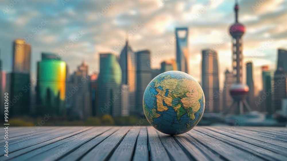 Globe on wooden table with city skyline in background during sunset