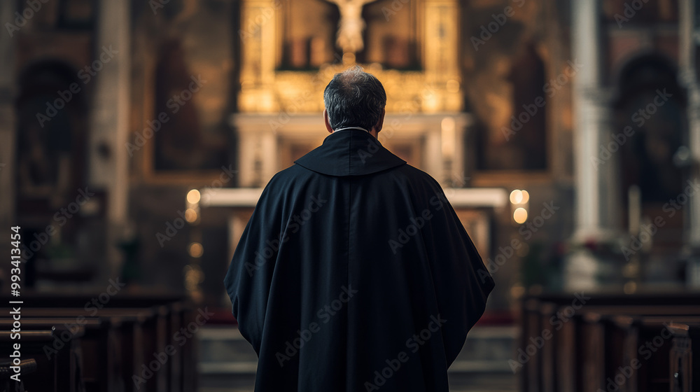 Naklejka premium A clergyman in a black robe stands in solemn prayer before the altar in a dimly lit church, conveying reverence and devotion. 