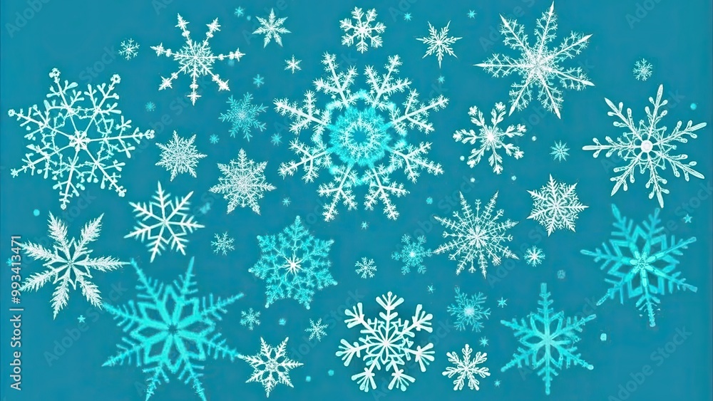 Snowflakes in shades of blue and white on a teal background, perfect for winter-themed designs. Snowflakes in shades of blue and white on a teal background, perfect for winter-themed designs.