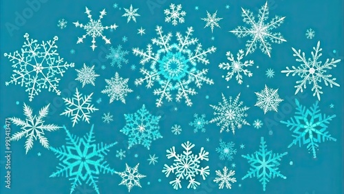 Snowflakes in shades of blue and white on a teal background, perfect for winter-themed designs.