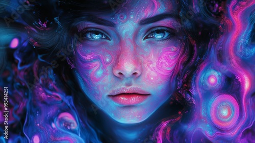 Psychedelic Portrait of Woman's Face with Vivid Abstract Patterns