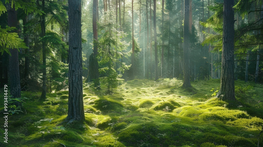 Fototapeta premium A peaceful forest glade with tall trees and a rich carpet of moss, enhanced by sunlight filtering through the foliage.