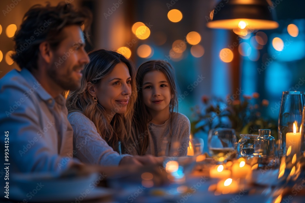 A family enjoys a warm, intimate dinner together, surrounded by candlelight and soft decor, creating a cozy atmosphere filled with love and connection A family enjoys a warm, intimate dinner together, surrounded by candlelight and soft decor, creating a cozy atmosphere filled with love and connection