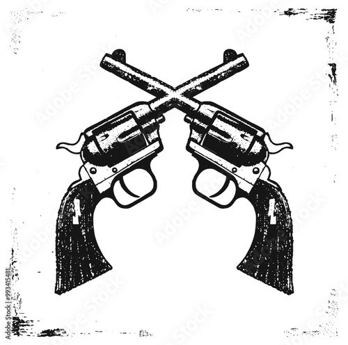 Vintage retro stencil illustration of crossed pistols with distressed grunge texture, old western gun, antique weapon, cowboy pistol isolated on transparent background vector 