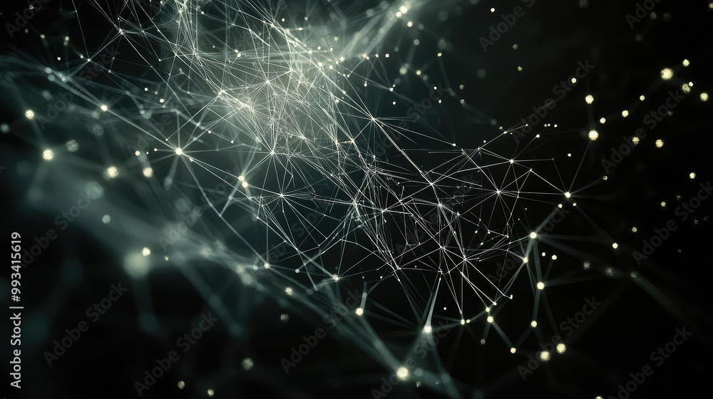 Minimalist abstract illustration of geometric shapes, connected by thin, glowing threads on a dark background Minimalist abstract illustration of geometric shapes, connected by thin, glowing threads on a dark background