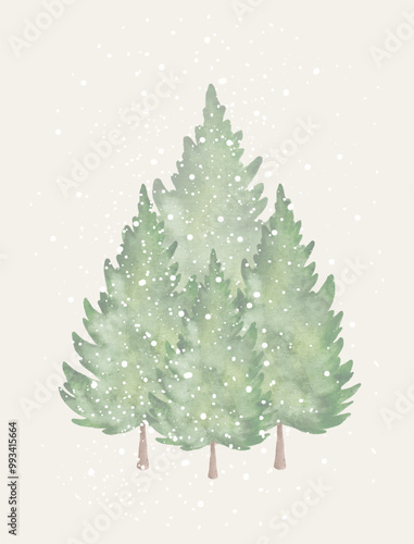 Watercolor winter scene with three evergreen trees covered in snowflakes against a light background