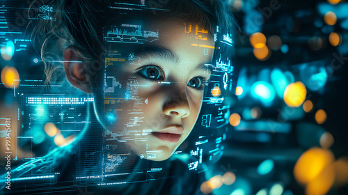 A young girl interacts with futuristic technology, filled with wonder and curiosity. The concept of advanced innovations and the future of learning. Generative AI.