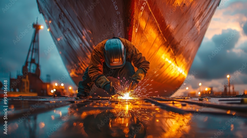 Worker welding at a shipyard with sparks flying in low light conditions Worker welding at a shipyard with sparks flying in low light conditions