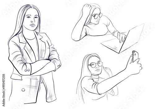 a set of black and white hand-drawn drawings of a girl working at a laptop, taking selfies, a female teacher vector