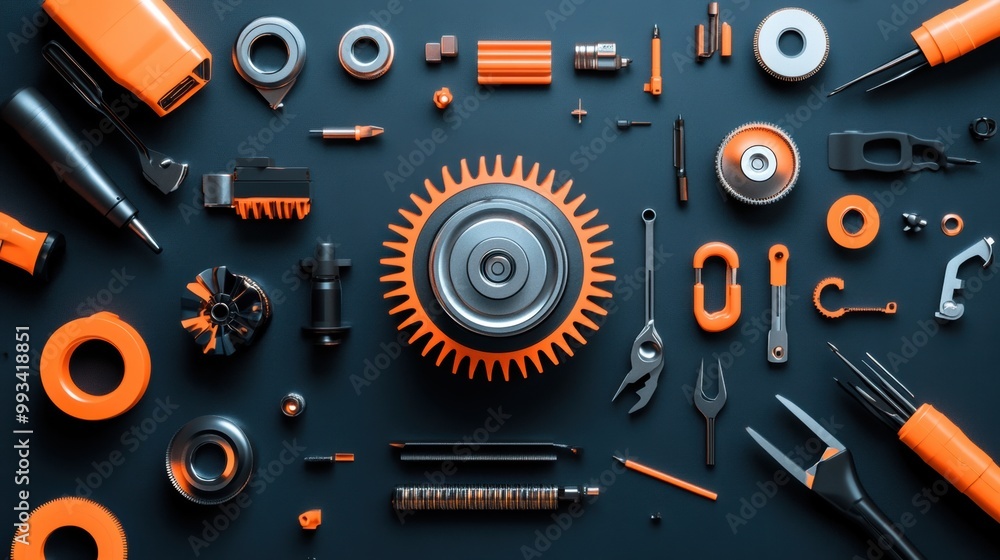 Tools and Gear on Dark Background Arrangement Tools and Gear on Dark Background Arrangement