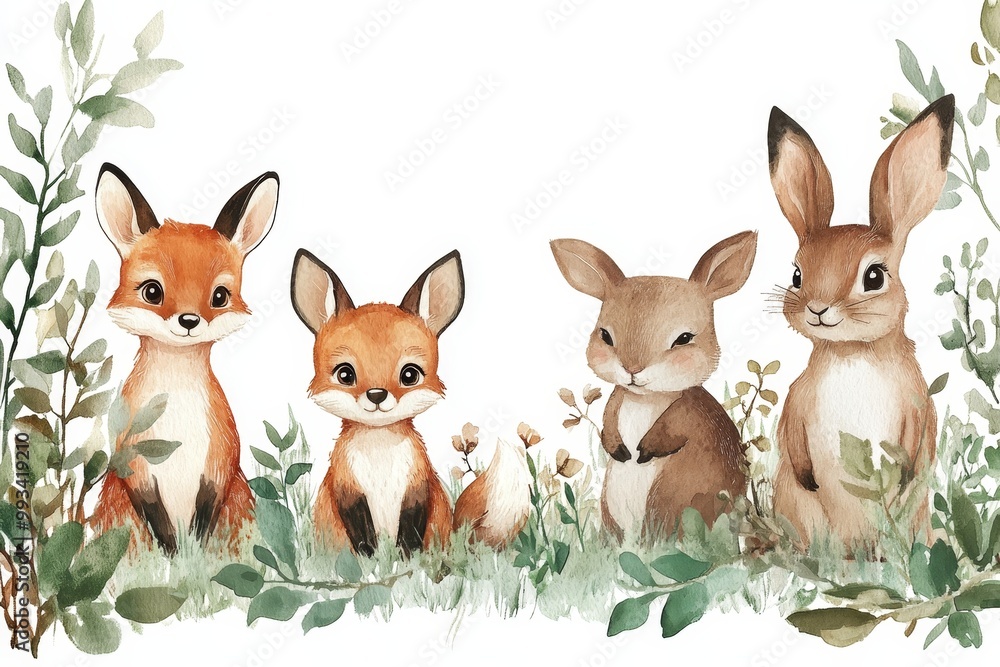 Woodland cartoon Animals watercolor illustration template. Pre made frame for baby shower, birthday invitation kids baby deer, fox in the forest. Cute, Generative AI Woodland cartoon Animals watercolor illustration template. Pre made frame for baby shower, birthday invitation kids baby deer, fox in the forest. Cute, Generative AI