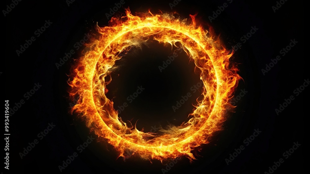 Fototapeta premium Ring of fire burning brightly in the center against a pitch black background, bright, red, energy, hot, inferno, heat, intense, combustion, fiery, glowing, burning, isolated, blazing, danger