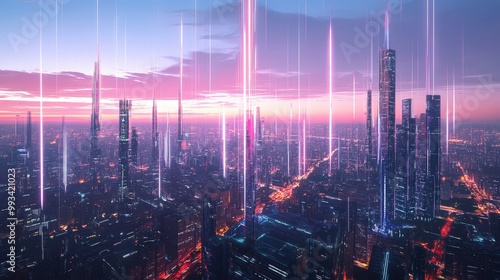 Smart city with abstract dot connections and flowing gradient lines, representing big data and advanced technology concepts