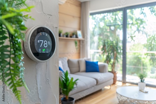 A sleek smart thermostat shows a temperature of 78 degrees in a contemporary living room filled with plants. Sunlight streams through large windows, highlighting a cozy sofa and decor