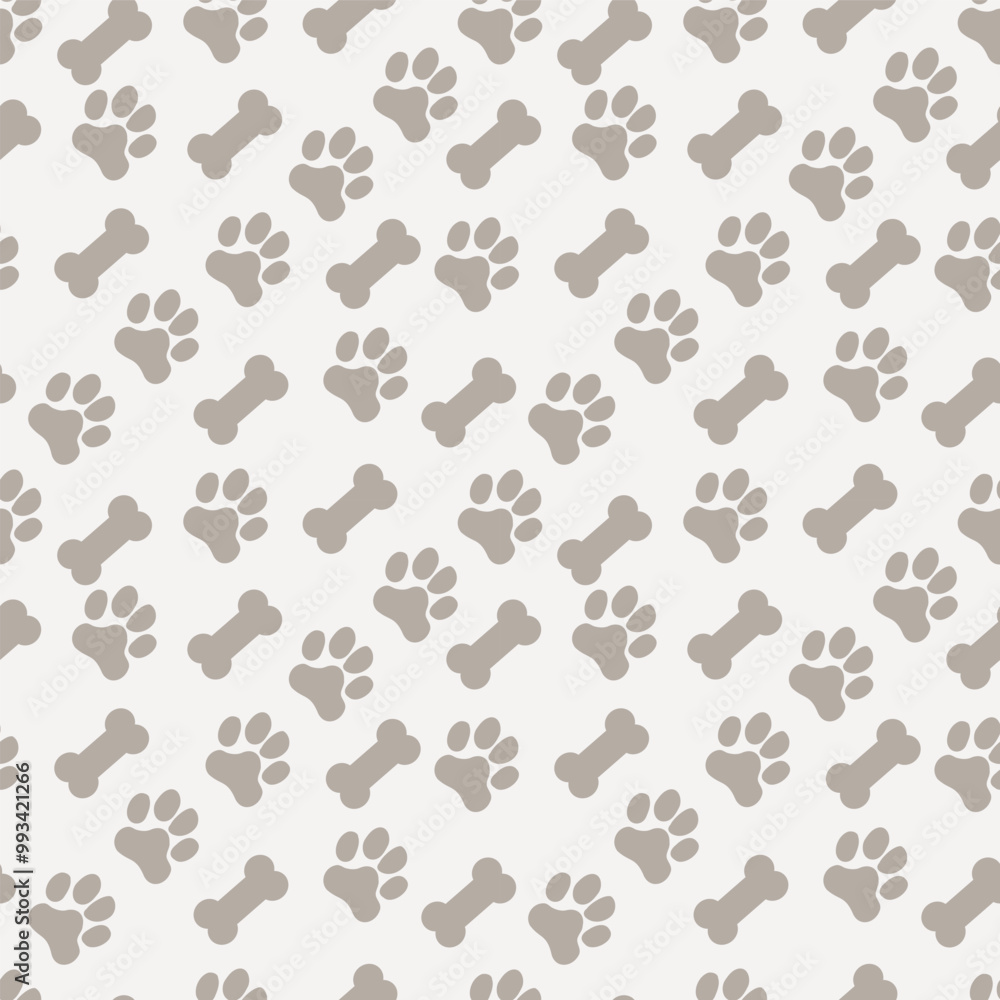 Dog paw and bone seamless vector pattern background. Fun diagonal neutral canine backdrop with bones. Ecru beige animal repeat for doggie and pet products. Small elements all over print. Dog paw and bone seamless vector pattern background. Fun diagonal neutral canine backdrop with bones. Ecru beige animal repeat for doggie and pet products. Small elements all over print.