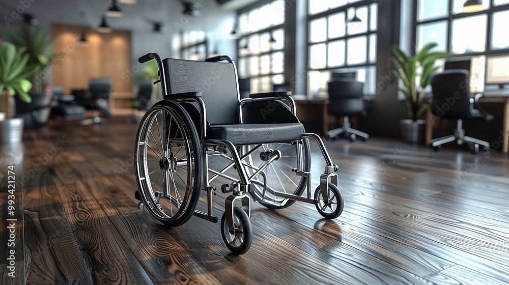 Empty wheelchair in a modern office setting Empty wheelchair in a modern office setting