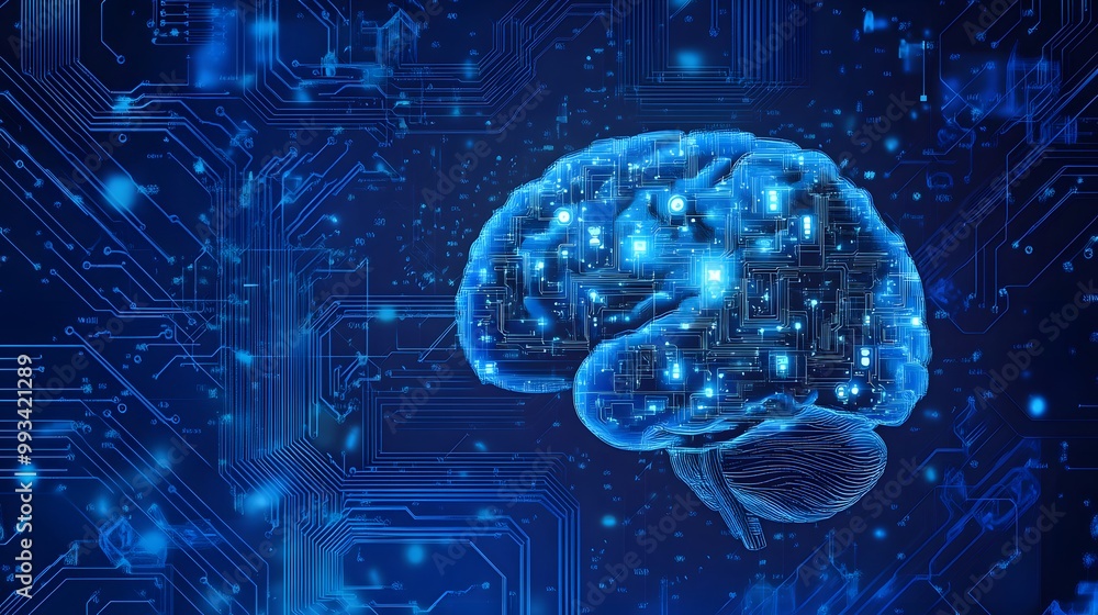 A Digital Brain on a Blue Circuit Board Background A Digital Brain on a Blue Circuit Board Background
