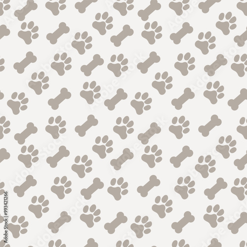 Dog paw and bone seamless vector pattern background. Fun diagonal neutral canine backdrop with bones. Ecru beige animal repeat for doggie and pet products. Small elements all over print.