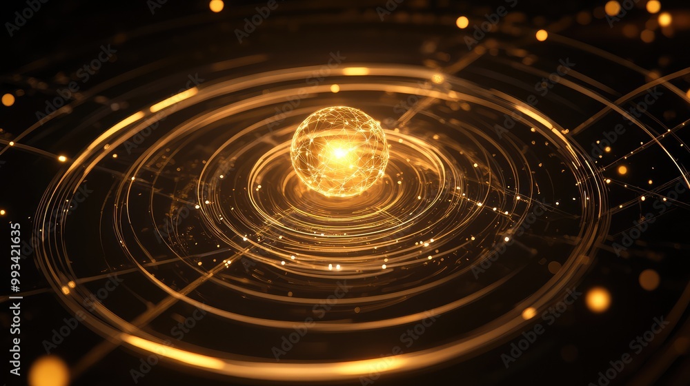 Radiant glowing sphere with a bright core, surrounded by interconnected metallic rings that pulse with light Radiant glowing sphere with a bright core, surrounded by interconnected metallic rings that pulse with light