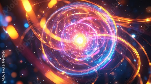 Radiant glowing sphere with a bright core, surrounded by interconnected metallic rings that pulse with light