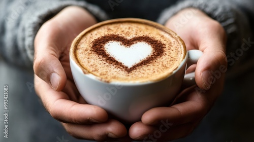 Close-Up of Male Hands Holding a Cappuccino Perfect for Coffee Shop Promotions and Lifestyle Blogs