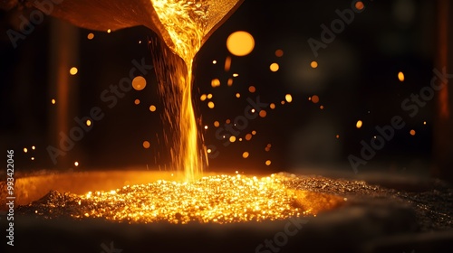 A close-up of molten gold glowing intensely as it pours into a mold in a dimly lit workshop, symbolizing the art of metalwork and crafting  photo