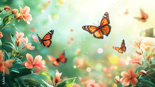 Colorful Abstract Spring Background Featuring Fresh Flowers and Whimsical Butterflies photo