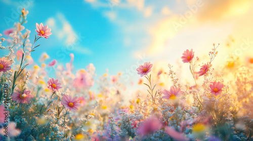 Vibrant Summer Background Featuring Lush Greenery and Flowers