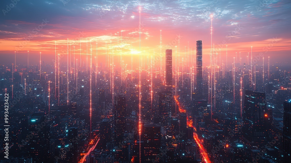 Obraz premium Smart city with abstract dot connections and flowing gradient lines, representing big data and advanced technology concepts