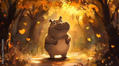 A quirky art-style illustration of a playful baby hippo striking a cute pose while standing in a friendly forest atmosphere, surrounded by vibrant trees and soft lighting, perfect for a child-friendly photo