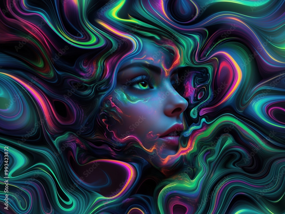Psychedelic Portrait of a Woman's Face with Vibrant Swirling Patterns Psychedelic Portrait of a Woman's Face with Vibrant Swirling Patterns