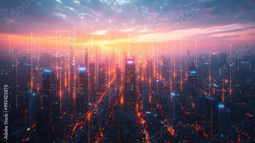 Smart city with abstract dot connections and flowing gradient lines, representing big data and advanced technology concepts