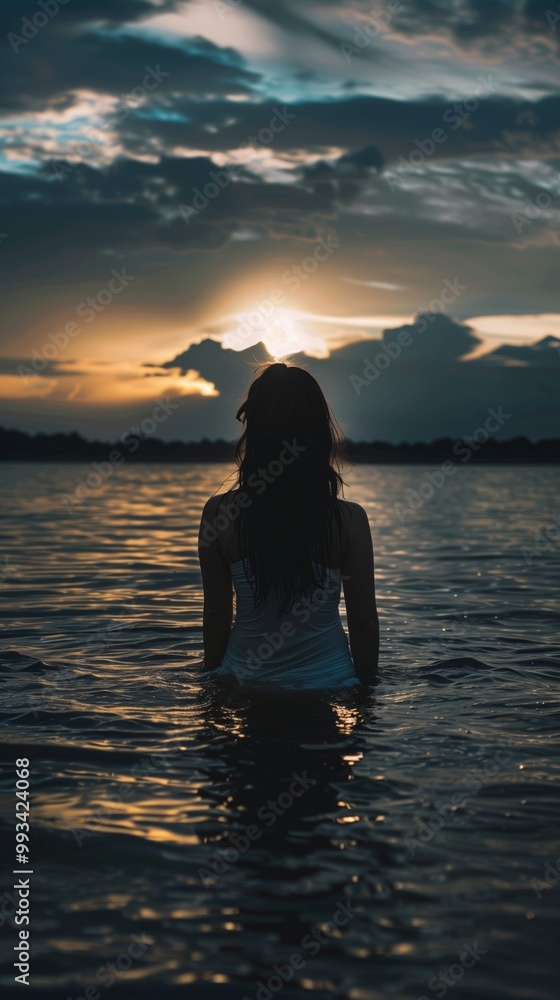 Serene Silhouette of Woman in Water at Sunset, Reflecting Blissful States of Mind and Natural Beauty Serene Silhouette of Woman in Water at Sunset, Reflecting Blissful States of Mind and Natural Beauty